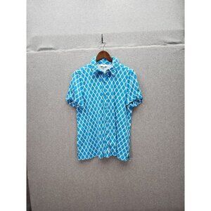 Charter Club Womens Blue & White Geometric Short Sleeve Button-Up Shirt Size L